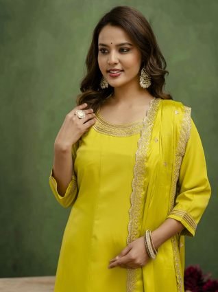 Lemon Stylish Anarkali Kurta Set Ready to Wear Soft Silk Fabric with Embroidered Dupatta Tailored Fit