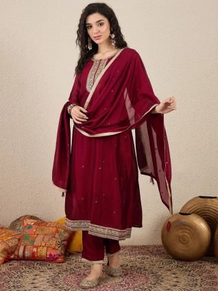 Maroon Silk Blend Embroidered Anarkali Set