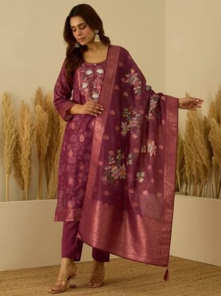 Maroon Silk Blend Embroidered Straight Kurta Set with Trousers   Dupatta