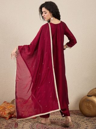 Maroon Silk Blend Embroidered Anarkali Set