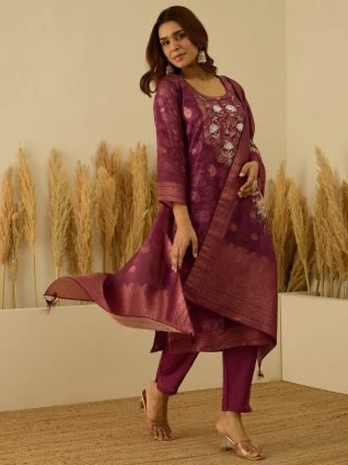 Maroon Silk Blend Embroidered Straight Kurta Set with Trousers   Dupatta