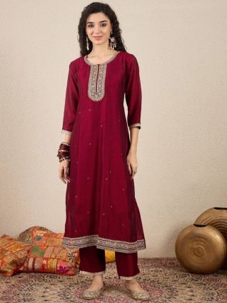 Maroon Silk Blend Embroidered Anarkali Set