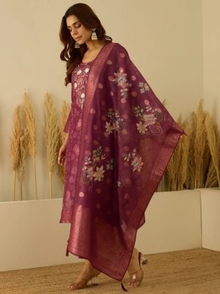 Maroon Silk Blend Embroidered Straight Kurta Set with Trousers   Dupatta