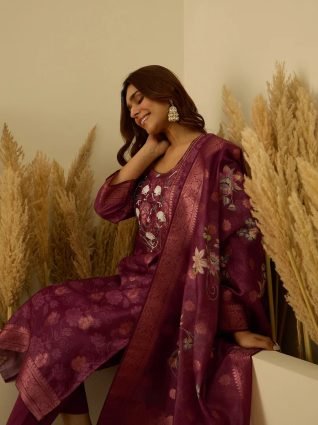 Maroon Silk Blend Embroidered Straight Kurta Set with Trousers   Dupatta