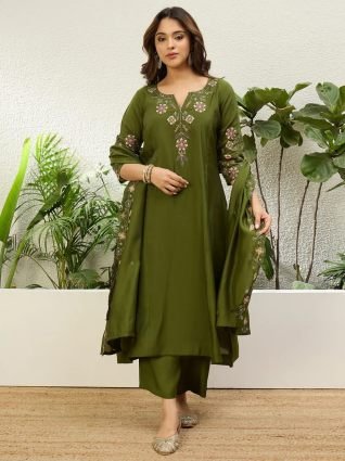 Mehendi Green Women Anarkali Kurta with Pant   Dupatta Suits  Festive Ethnic Set