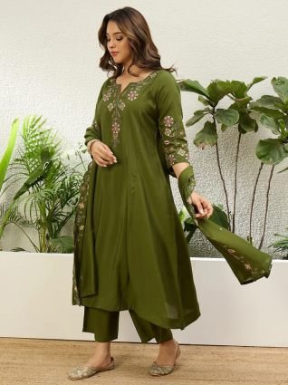 Mehendi Green Women Anarkali Kurta with Pant   Dupatta Suits  Festive Ethnic Set