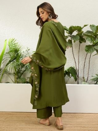 Mehendi Green Women Anarkali Kurta with Pant   Dupatta Suits  Festive Ethnic Set