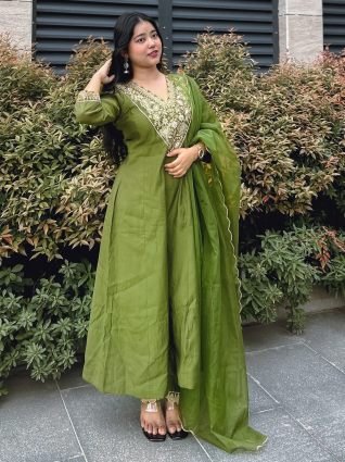Mehndi Embroidered Silk Blend Anarkali Suit Set With Dupatta