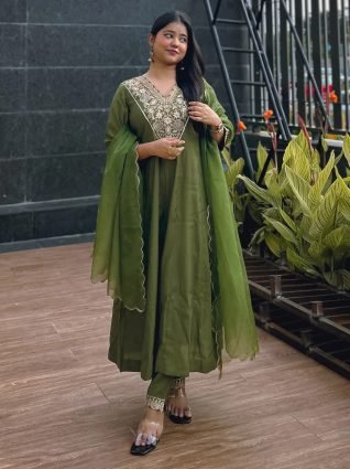 Mehndi Embroidered Silk Blend Anarkali Suit Set With Dupatta