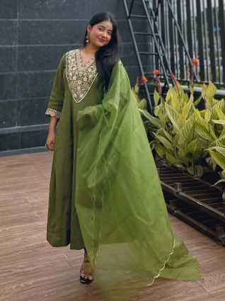 Mehndi Embroidered Silk Blend Anarkali Suit Set With Dupatta