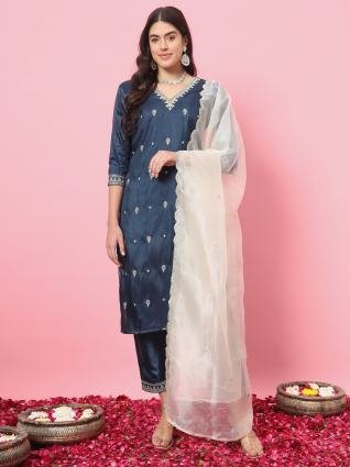 Midnight Teal Embroidered Kurta Pant Set with Organza Dupatta