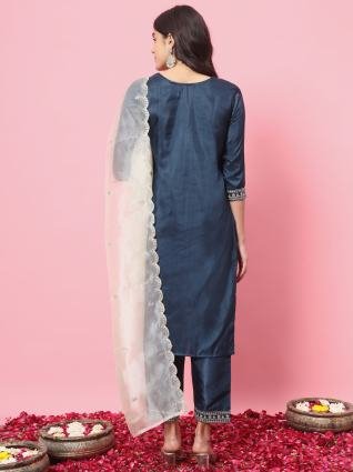 Midnight Teal Embroidered Kurta Pant Set with Organza Dupatta