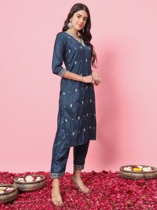 Midnight Teal Embroidered Kurta Pant Set with Organza Dupatta