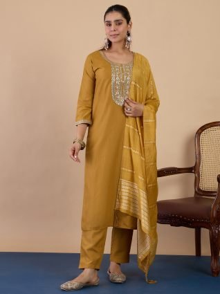 Mustard Elegant Embroidered Kurta Pant Set for Women
