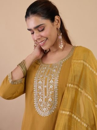 Mustard Elegant Embroidered Kurta Pant Set for Women