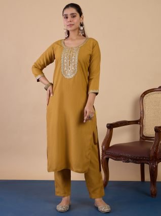 Mustard Elegant Embroidered Kurta Pant Set for Women