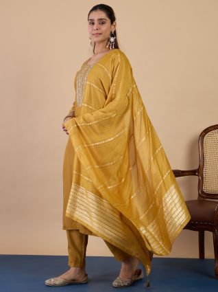 Mustard Elegant Embroidered Kurta Pant Set for Women