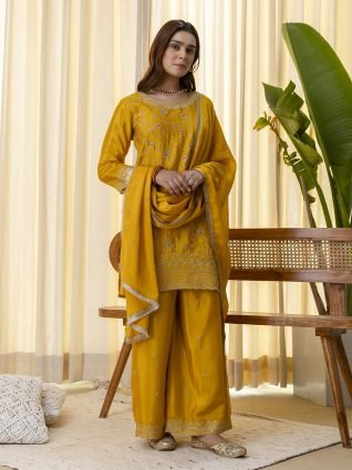Mustard Festive Embroidered Yoke Straight Kurta Pant Set with Dupatta