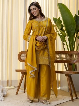 Mustard Festive Embroidered Yoke Straight Kurta Pant Set with Dupatta