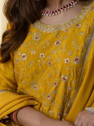 Mustard Festive Embroidered Yoke Straight Kurta Pant Set with Dupatta
