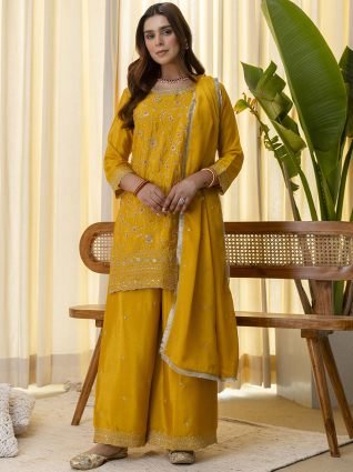 Mustard Festive Embroidered Yoke Straight Kurta Pant Set with Dupatta