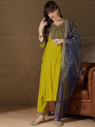 Mustard Women s Silk Blend Embroidered Kurta Pant with Dupatta Set