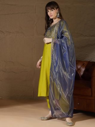 Mustard Women s Silk Blend Embroidered Kurta Pant with Dupatta Set