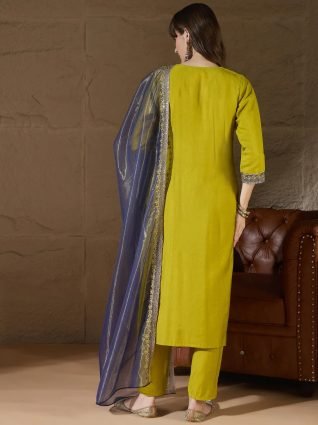 Mustard Women s Silk Blend Embroidered Kurta Pant with Dupatta Set