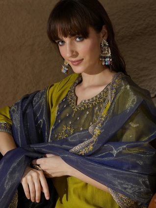 Mustard Women s Silk Blend Embroidered Kurta Pant with Dupatta Set