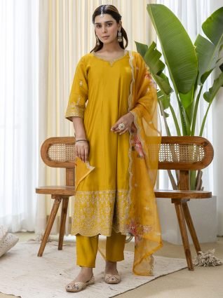Musterd Silk Blend Straight Kurta Set with Sheer Printed Dupatta