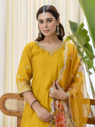 Musterd Silk Blend Straight Kurta Set with Sheer Printed Dupatta