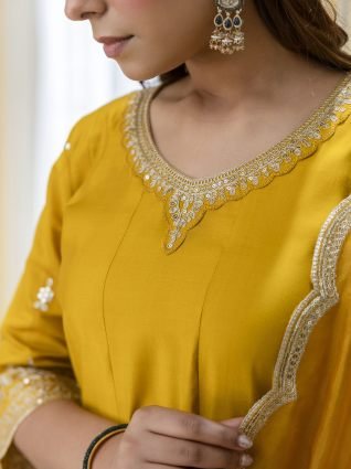 Musterd Silk Blend Straight Kurta Set with Sheer Printed Dupatta
