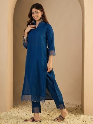 N blue Women Cotton Blend Kurta Pant Set