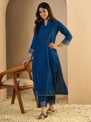 N blue Women Cotton Blend Kurta Pant Set