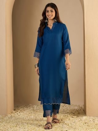 N blue Women Cotton Blend Kurta Pant Set