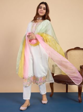  Off White Silk Blend Embroidered Yoke Kurta Set with Pastel Shaded Dupatta