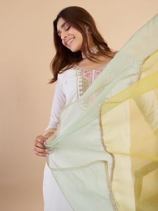Off White Silk Blend Embroidered Yoke Kurta Set with Pastel Shaded Dupatta