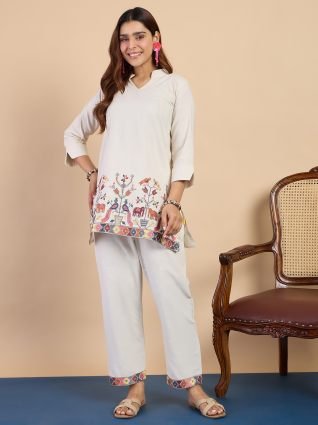 Off white Women s Designer Kurta Pant Set Premium Pattern
