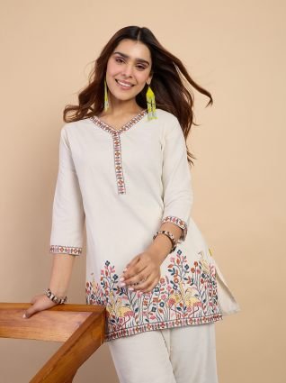 Off white Women s Designer Kurta Pant Set Premium Pattern