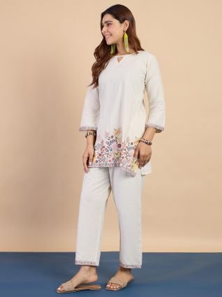 Off white Women s Designer Kurta Pant Set Premium Pattern