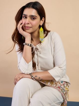 Off white Women s Designer Kurta Pant Set Premium Pattern