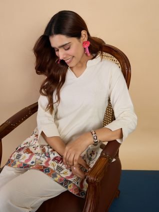 Off white Women s Designer Kurta Pant Set Premium Pattern