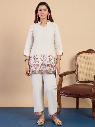 Off white Women s Designer Kurta Pant Set Premium Pattern