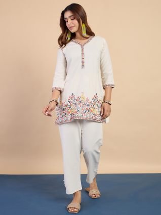 Off white Women s Designer Kurta Pant Set Premium Pattern