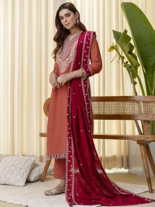  Peach Rust Straight Festive Kurta Set with Tassel Trim Dupatta