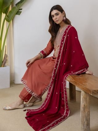Peach Rust Straight Festive Kurta Set with Tassel Trim Dupatta