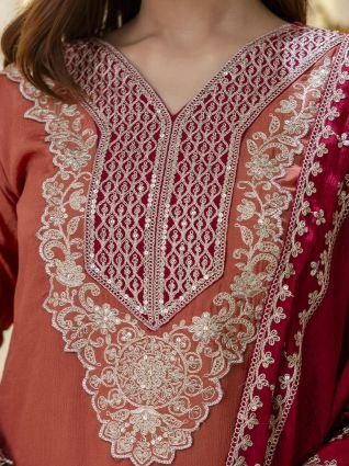 Peach Rust Straight Festive Kurta Set with Tassel Trim Dupatta