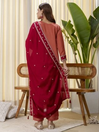 Peach Rust Straight Festive Kurta Set with Tassel Trim Dupatta