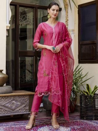 Pink Floral Embroidered Straight Kurta With Trouser And Dupatta