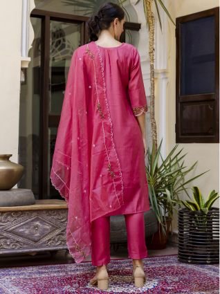 Pink Floral Embroidered Straight Kurta With Trouser And Dupatta
